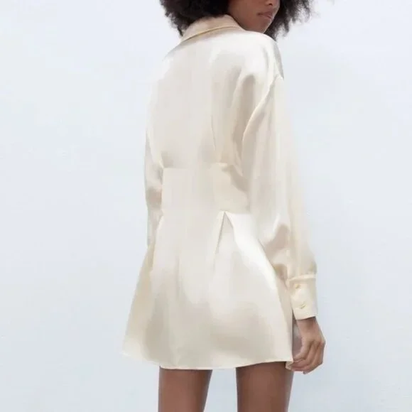 Zara Satin Effect Gold Button Down Shirt Dress Ecru White Size Small - Picture 4 of 8